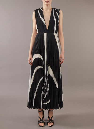 Elie Saab Graphic Printed Pleated Chiffon Dress In Schwarz