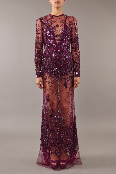 Elie Saab Long Sleeve Embroidered Tulle Gown