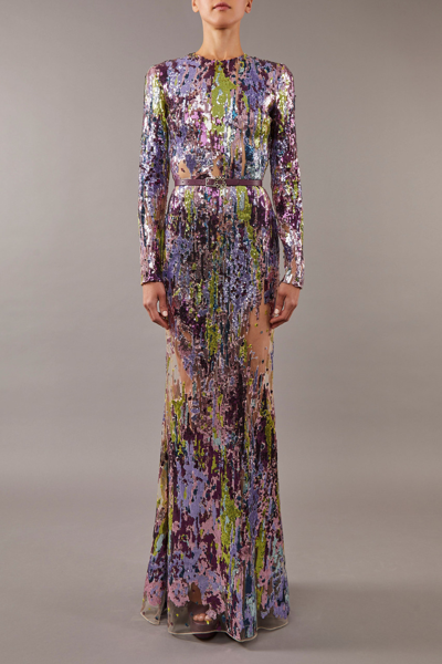 Elie Saab Long Sleeve Sequin Embroidered Tulle Gown In Multi Color
