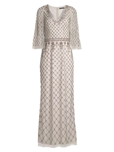 Aidan Mattox Embellished Cape-sleeve Gown In Silver