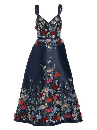 Amsale Women's Mikado Floral Appliqué A-line Dress In Navy