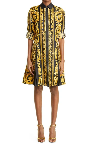 Versace Baroque Heritage Pleated Mini Shirtdress In Black Gold