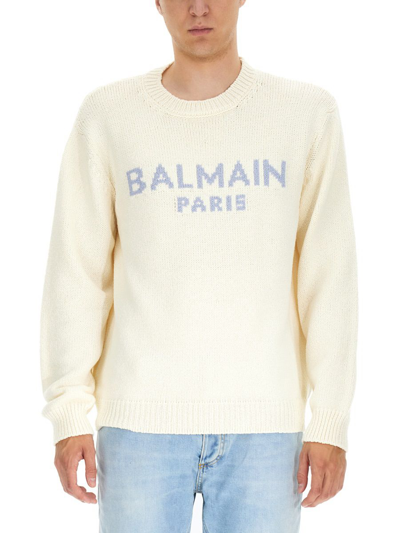 Balmain Logo Intarsia Wool Knit Sweater In White