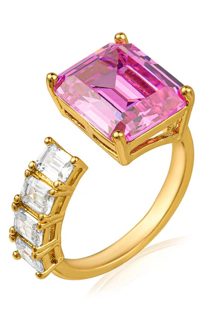 Cz By Kenneth Jay Lane Emerald Cut Pink Cz & White Cz Open Band Ring In Pink/ Gold