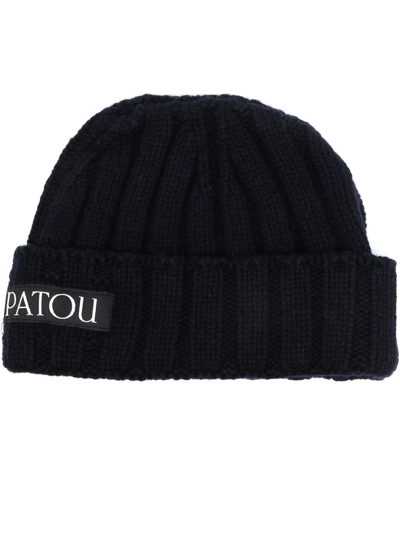 Patou Logo-patch Ribbed-knit Beanie In Navy