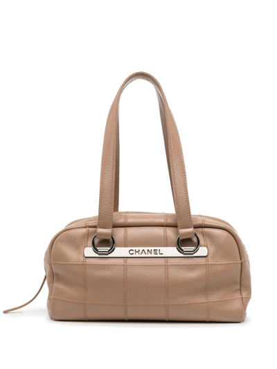 Pre-owned Chanel 2005 Choco Bar Logo Plaque Tote In Brown