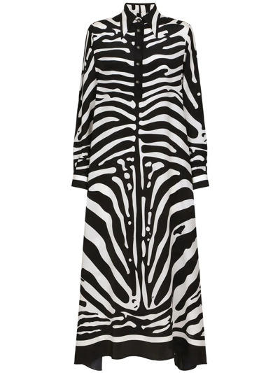 Dolce & Gabbana Zebra-print Crepe De Chine Maxi Shirt Dress In Zebra Bianco Nero