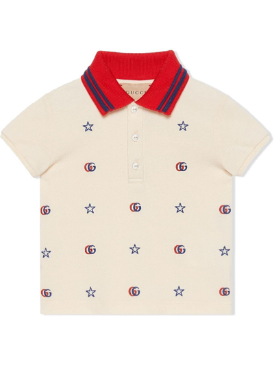 Gucci Kids' Logo And Star-embroidered Stretch-cotton-piqué Polo Shirt 6-36 Months In Bone