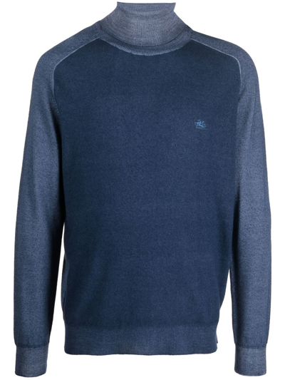 Etro Embroidered-logo Roll Neck Sweater In Blue