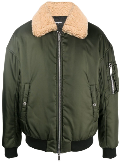 Dsquared2 Faux Shearling-trim Zip-up Bomber Jacket In Military Green