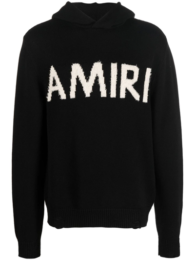 Amiri Logo-intarsia Knitted Hoodie In Black