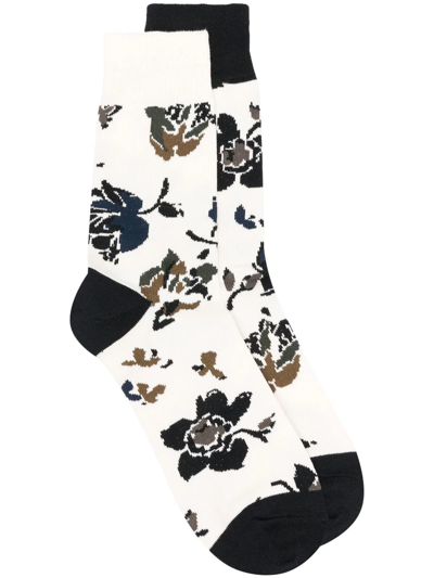 Sacai Floral-print Socks In Neutrals