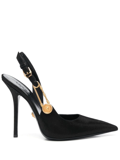 Versace Safety Pin Slingback Décolleté In Leather In Black