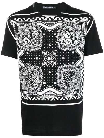 Dolce & Gabbana Black Cotton T-shirt With Bandanna Print In Black And White