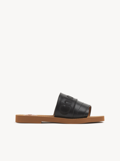 Chloé Leather Flat Mules With Square Toe And Embroidered Logo In Black