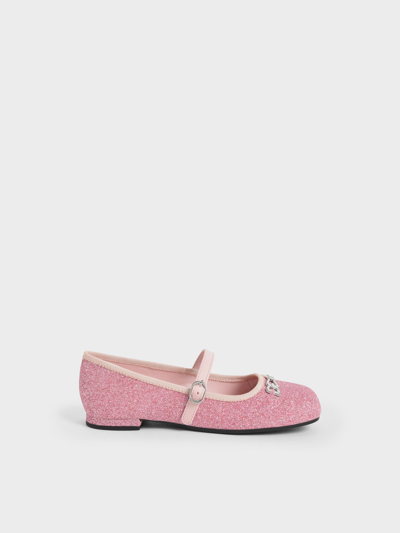 Charles & Keith - Girls' Metallic Accent Glittered Mary Janes In Pink