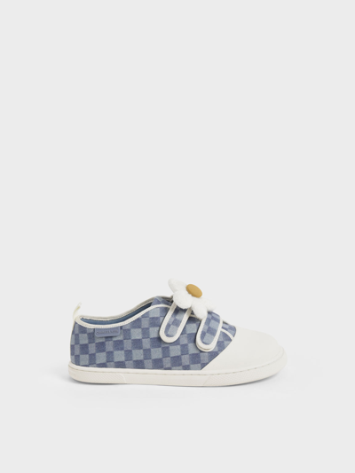 Charles & Keith - Girls' Flower-embellished Denim Check-print Trainers In Blue
