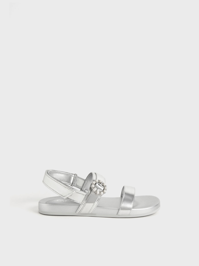 Charles & Keith Girls' Bead-embellished Back-strap Sandals In Silver