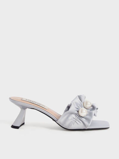Charles & Keith Blythe Bead-embellished Satin Mules In Silver