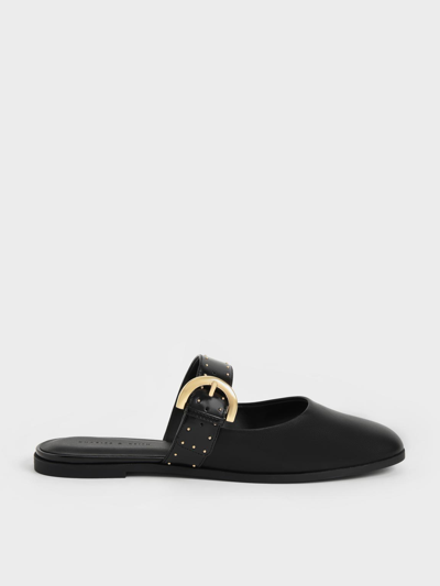 Charles & Keith Studded Buckled Flat Mules In Black