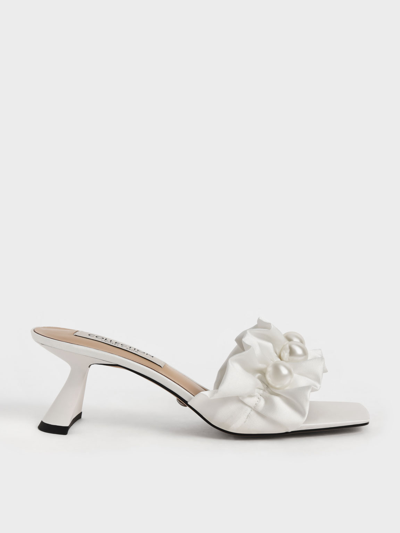 Charles & Keith Blythe Bead-embellished Satin Mules In White