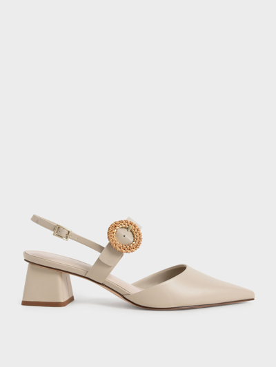 Charles & Keith Woven Buckle Slingback Heeled Pumps In Chalk
