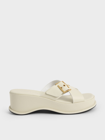 Charles & Keith Buckled Crossover Platform Sandals In Chalk