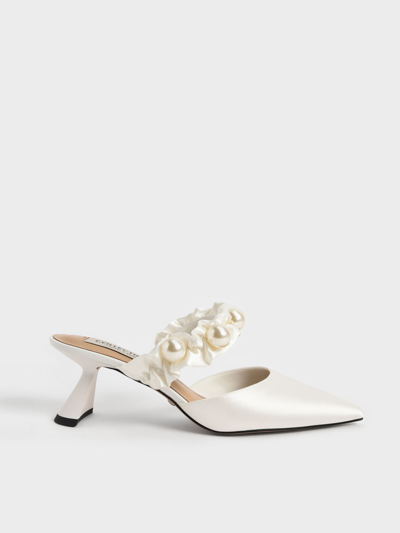 Charles & Keith Blythe Bead Embellished Satin Pumps In White