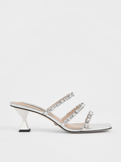 Charles & Keith Gem-encrusted Metallic Strappy Sandals In Silver