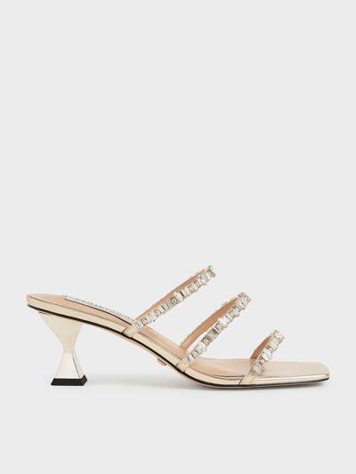 Charles & Keith Gem-encrusted Metallic Strappy Sandals In Gold