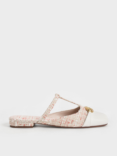 Charles & Keith Metallic Accent Cut-out Tweed Flat Mules In Cream