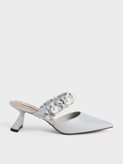 Charles & Keith Blythe Bead Embellished Satin Pumps In Silver