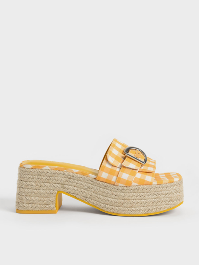 Charles & Keith Buckled Linen Gingham-print Platform Espadrilles In Yellow