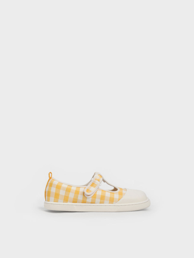 Charles & Keith Girls' Linen Front-strap Gingham-print Shoes In Yellow