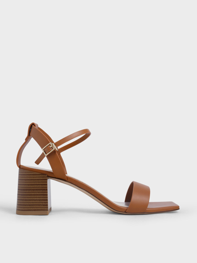 Charles & Keith Ankle Strap Stacked Heel Sandals In Caramel