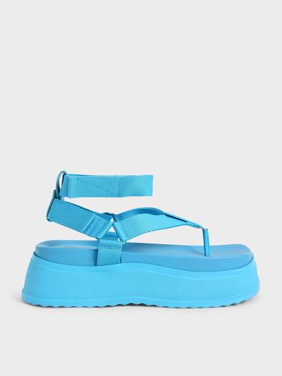 Charles & Keith Joss Ankle-strap Flatform Thong Sandals In Blue