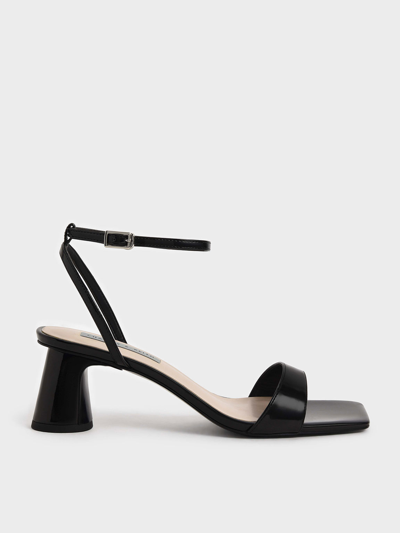 Charles & Keith Patent Ankle-strap Cylindrical Heel Sandals In Black