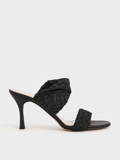 Charles & Keith Double Strap Woven Heeled Mules In Black