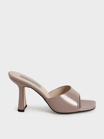 Charles & Keith Patent Square Toe Heeled Mules In Taupe