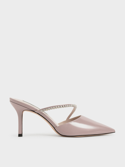 Charles & Keith Gem-encrusted Patent Stiletto Mules In Taupe