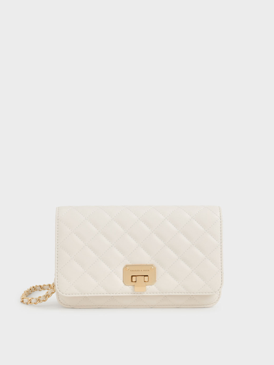 Charles & Keith Quilted Push-lock Clutch In Cream