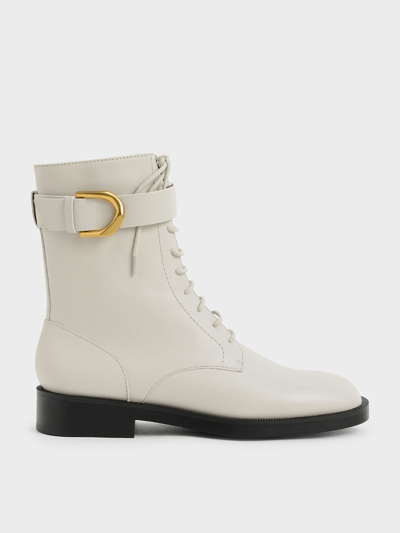 Charles & Keith Gabine Leather Lace-up Ankle Boots In Chalk