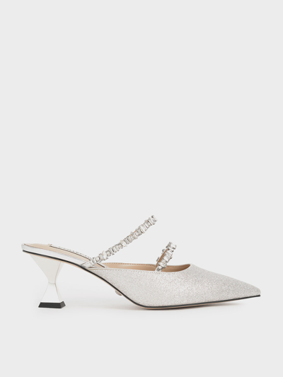 Charles & Keith Gem-encrusted Metallic Glittered Mules In Silver