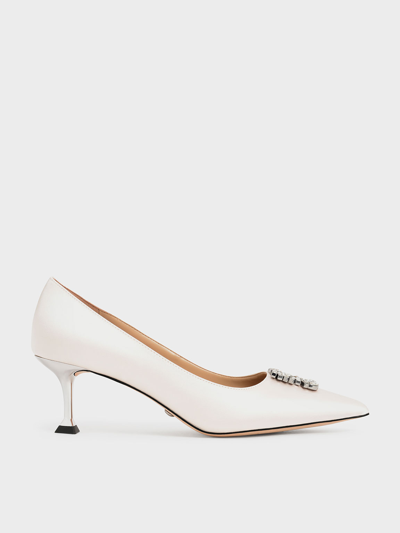 Charles & Keith Satin Gem-embellished Kitten Heel Pumps In Cream