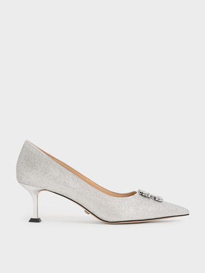 Charles & Keith Glittered Gem-embellished Kitten Heel Pumps In Silver