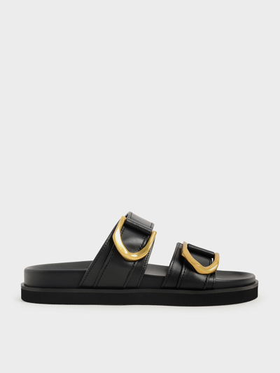 Charles & Keith Gabine Buckled Leather Slides​ In Black