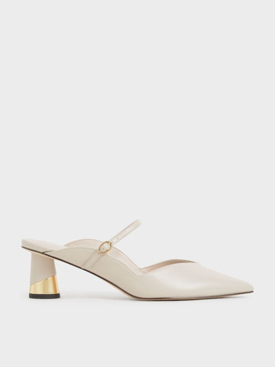 Charles & Keith Metallic Sculptural Heel Mules In Chalk