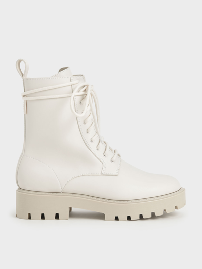 Charles & Keith Lace-up Calf Boots In Chalk