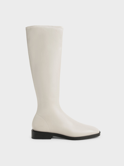Charles & Keith Knee High Flat Boots In Chalk
