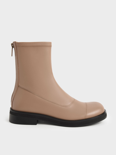 Charles & Keith Round Toe Zip-up Ankle Boots In Camel